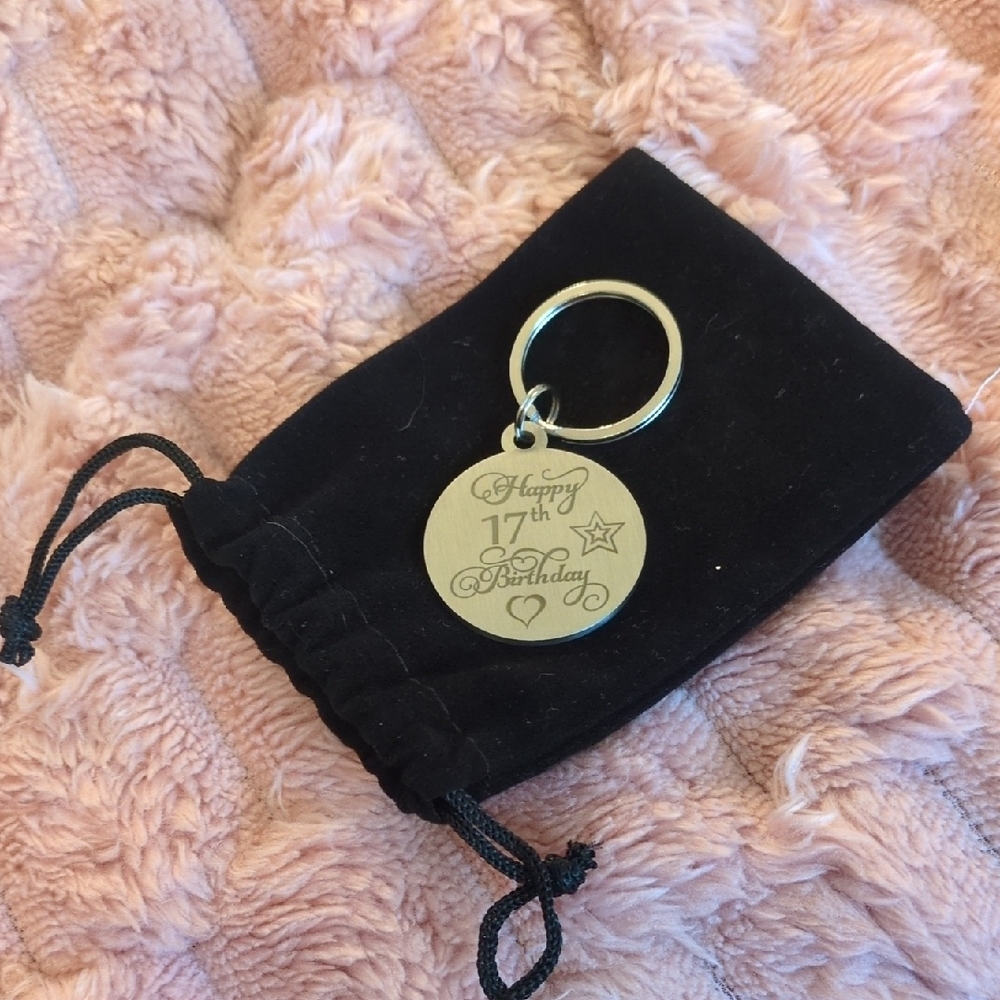Silver 17th Birthday Keychain with Black Pouch